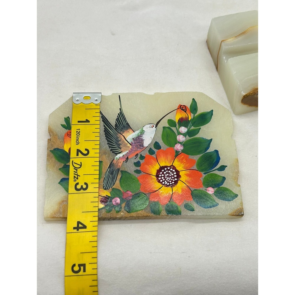 Vintage Mexican Onyx Hand Painted Hummingbird Floral Stone Art Slab with Base - Picture 3 of 8